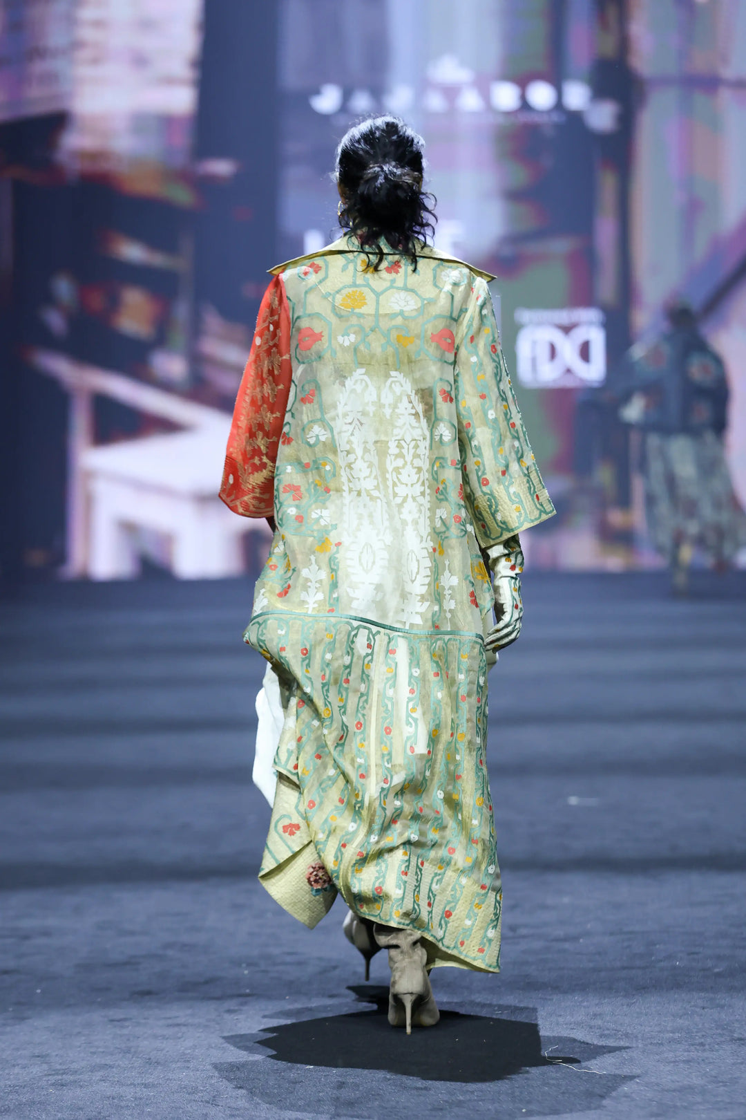 Emb Long Gold Jacket With Draped Gold Top + Emb Corset Belt And Denim Barrel Skirt
