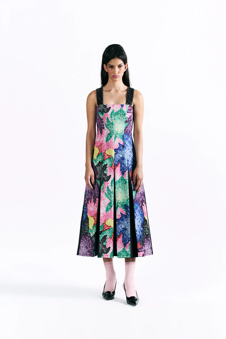 Mosaic Peonies Box Pleat Midi Dress