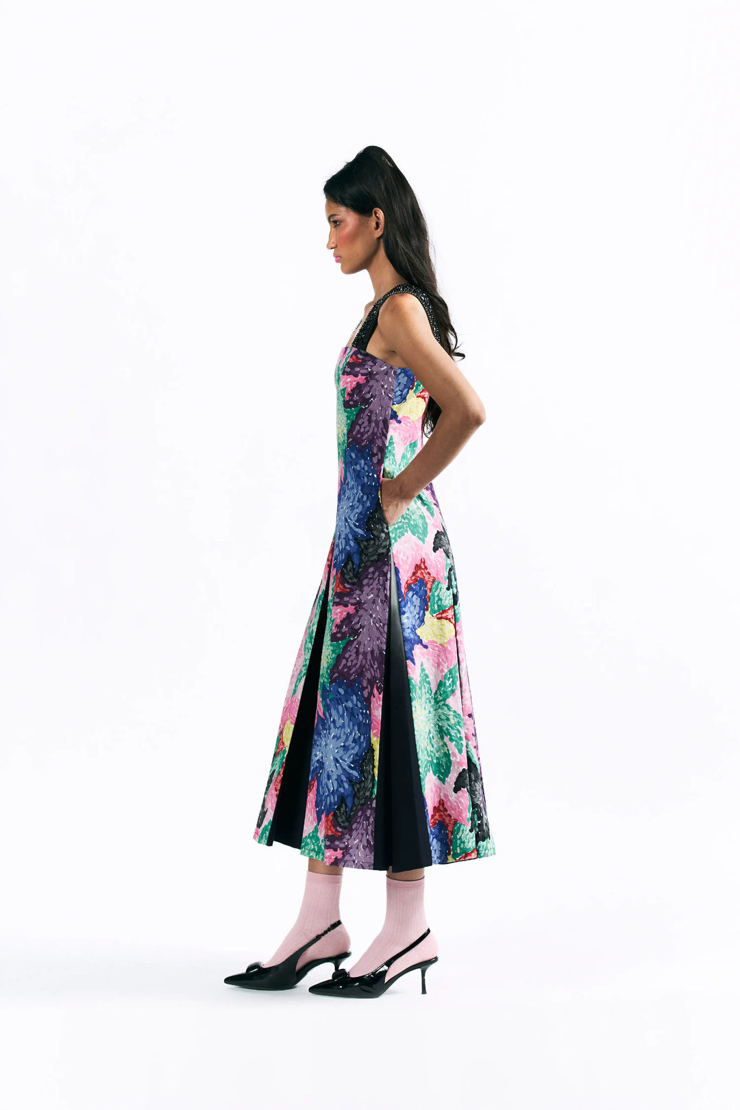 Mosaic Peonies Box Pleat Midi Dress