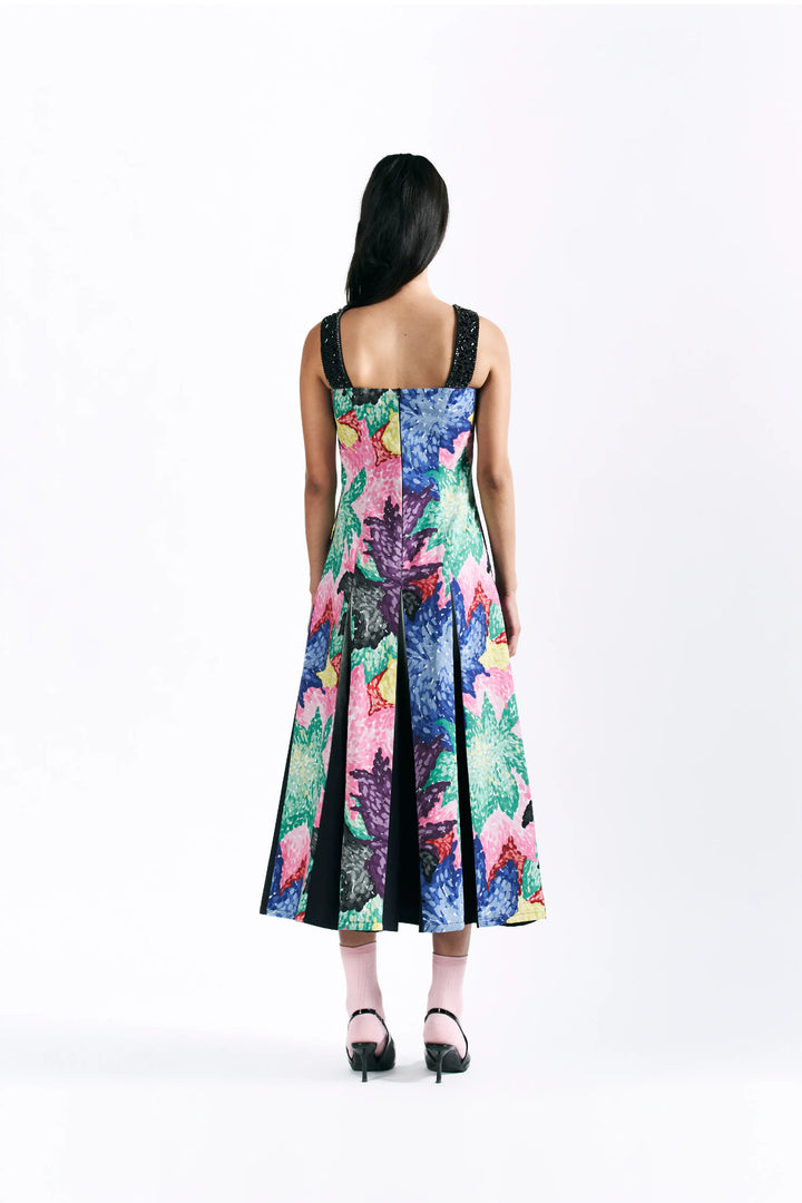 Mosaic Peonies Box Pleat Midi Dress