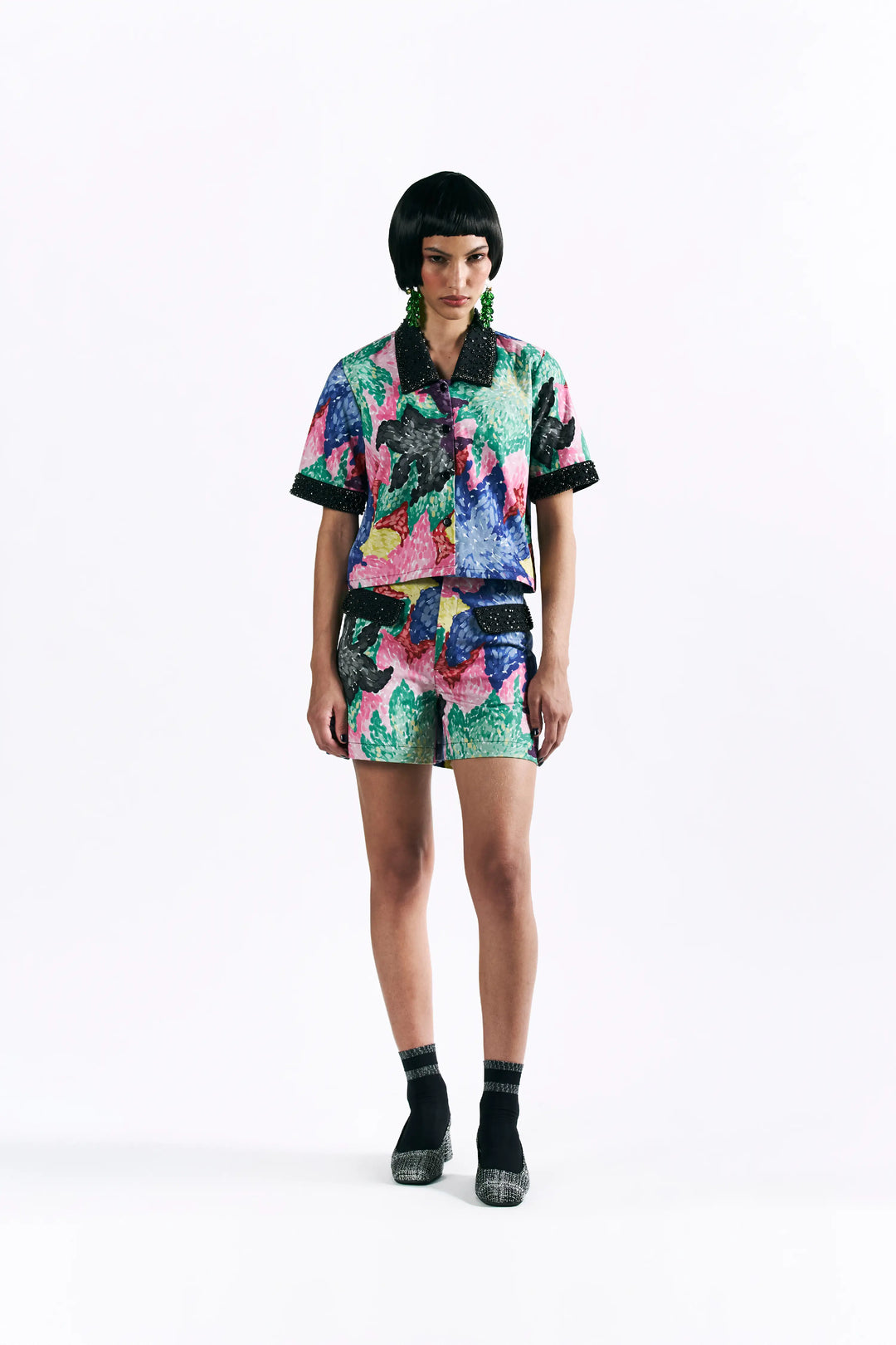 Mosaic Peonies Cropped Shirt