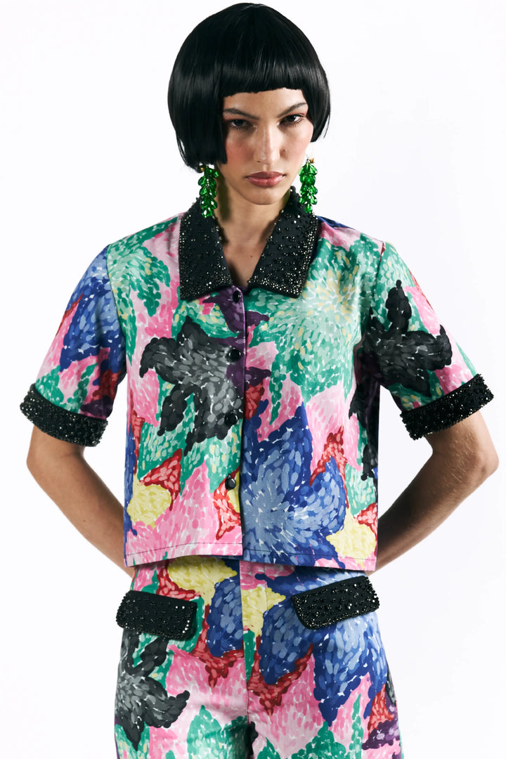 Mosaic Peonies Cropped Shirt