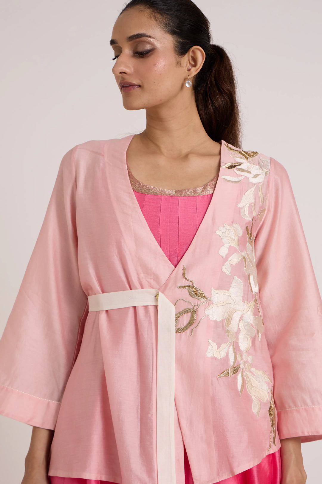 Jay Pink Hira-Jun: Panelled Midi Dress With Overlap Jacket