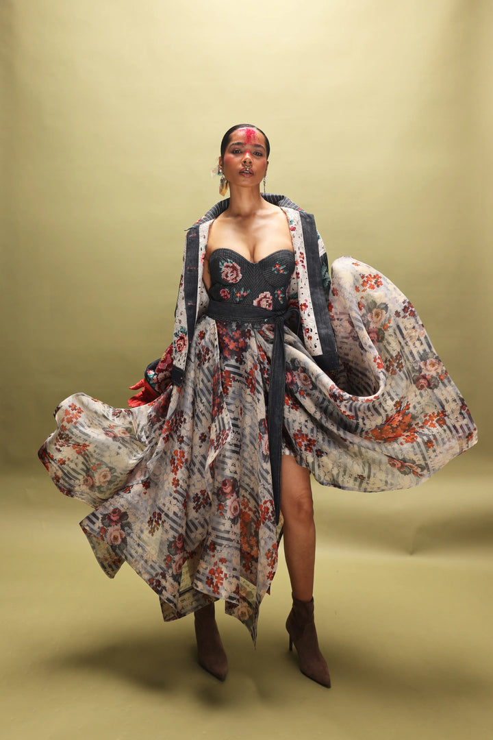 Emb Dual Color Denim Jacket With Corset Dress