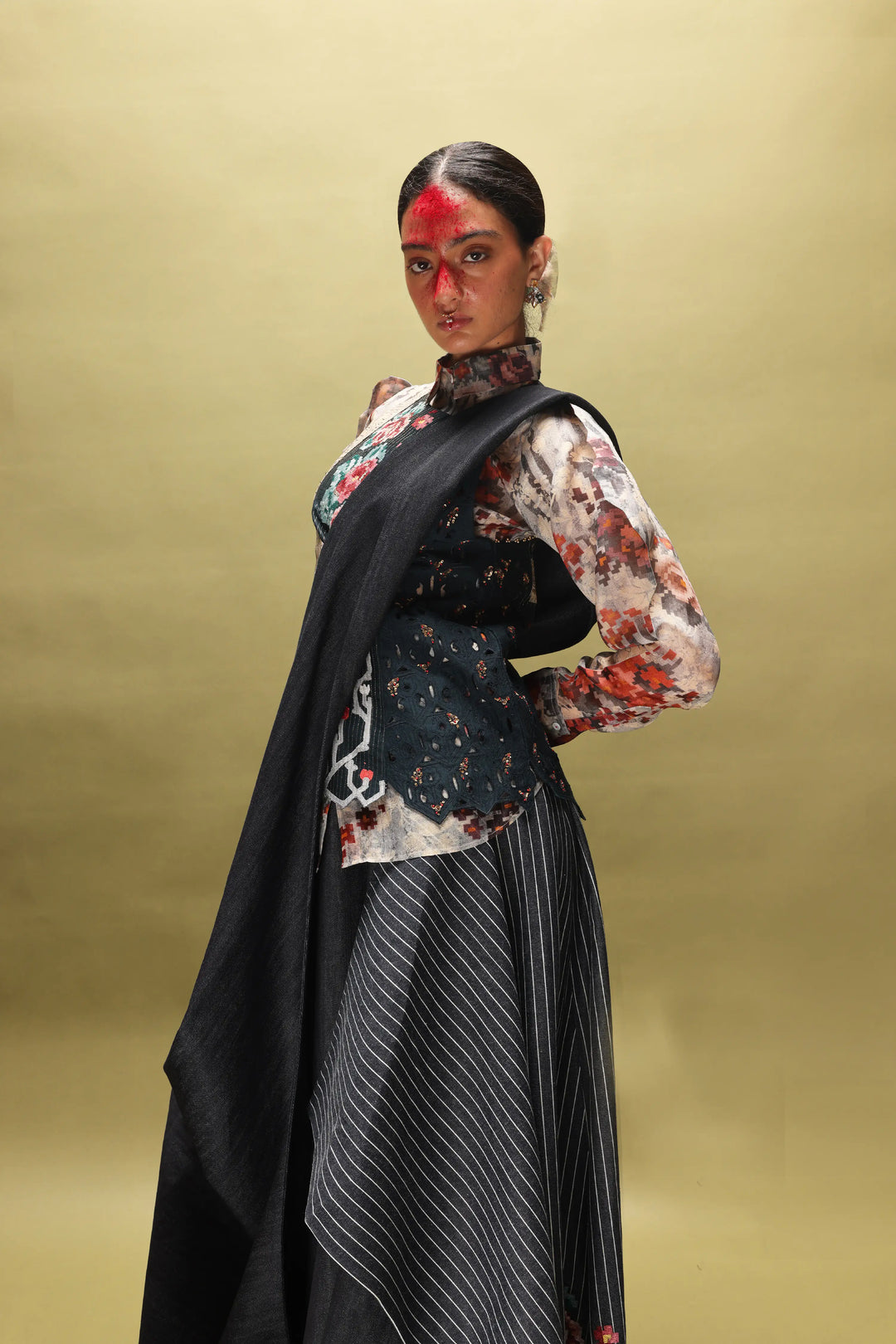 Printed Organza Shirt With Emb Angrakha Style Jacket  And Draped Denim Skirt