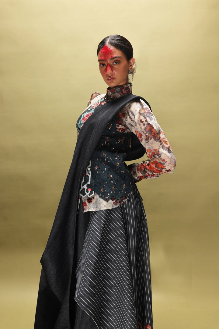 Printed Organza Shirt With Emb Angrakha Style Jacket  And Draped Denim Skirt