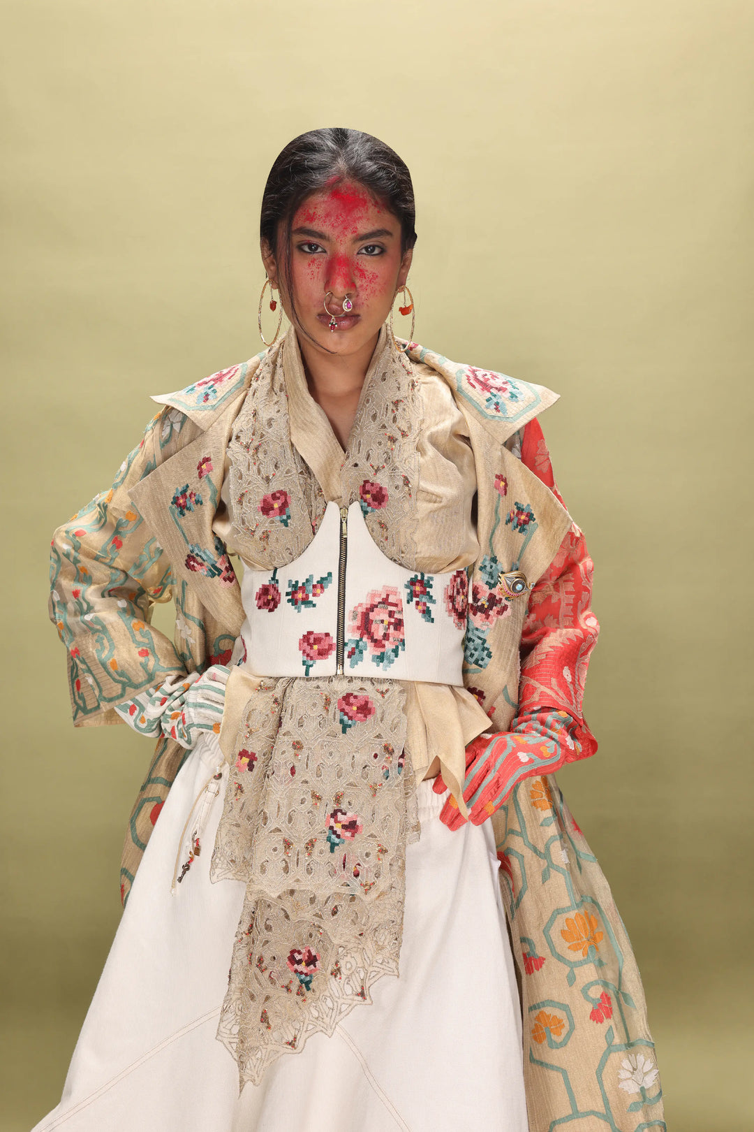 Emb Long Gold Jacket With Draped Gold Top + Emb Corset Belt And Denim Barrel Skirt