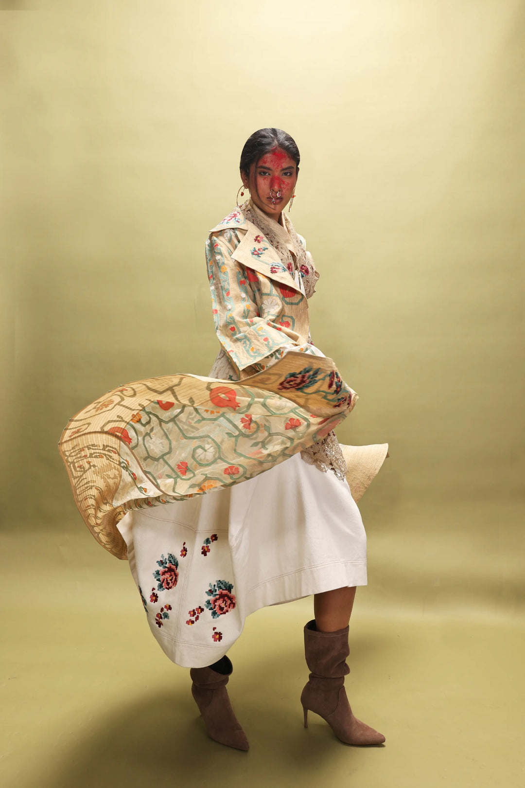 Emb Long Gold Jacket With Draped Gold Top + Emb Corset Belt And Denim Barrel Skirt