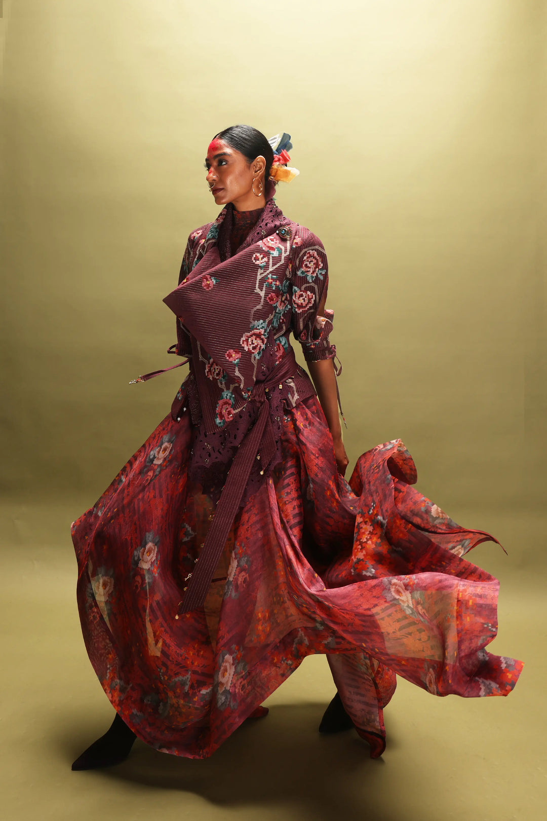 Engineered Draped Jacket With Printed Organza Skirt