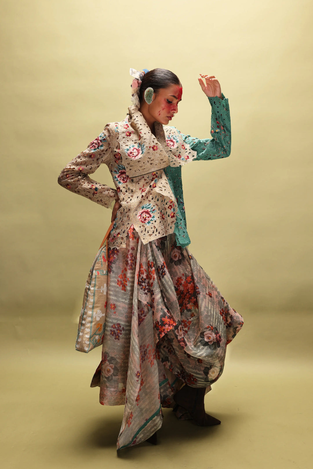 Emb Dual Colored Draped Collar Jacket With Printed Draped Organza Skirt
