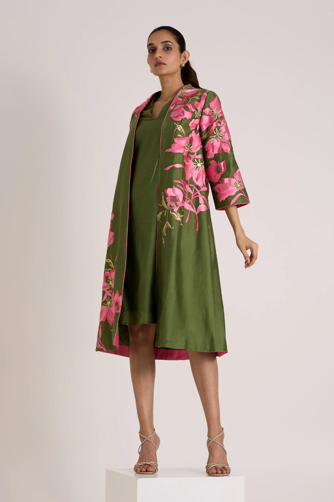 Olive Green Rafiya - Midi Jacket + Slip Dress