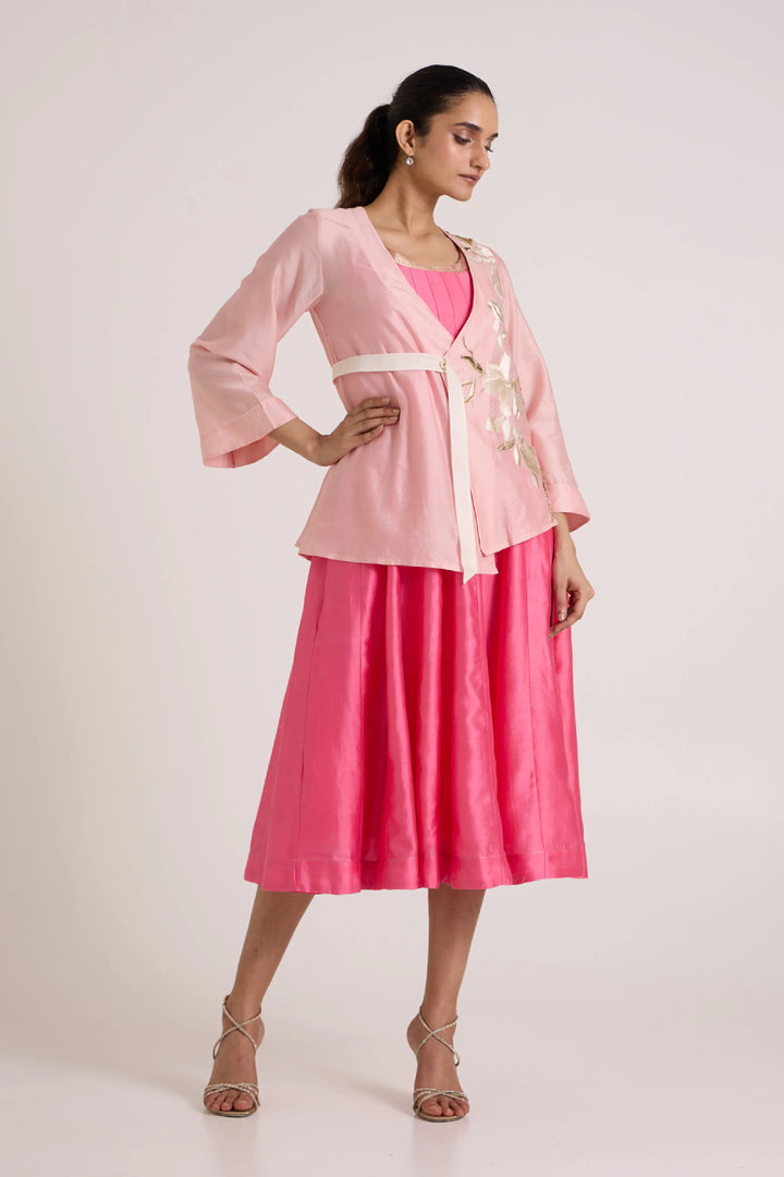 Jay Pink Hira-Jun: Panelled Midi Dress With Overlap Jacket