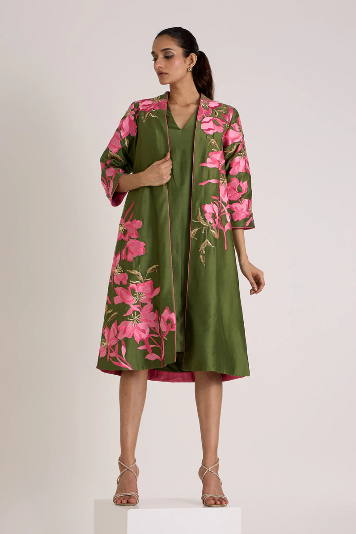 Olive Green Rafiya - Midi Jacket + Slip Dress