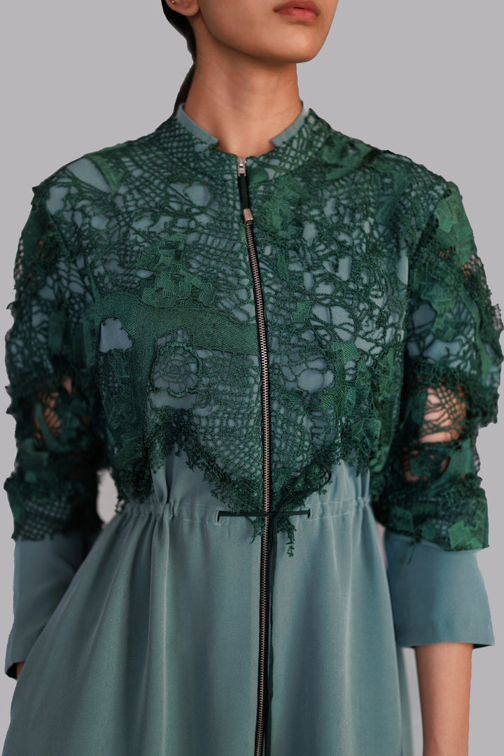 Green map embroidery long dress