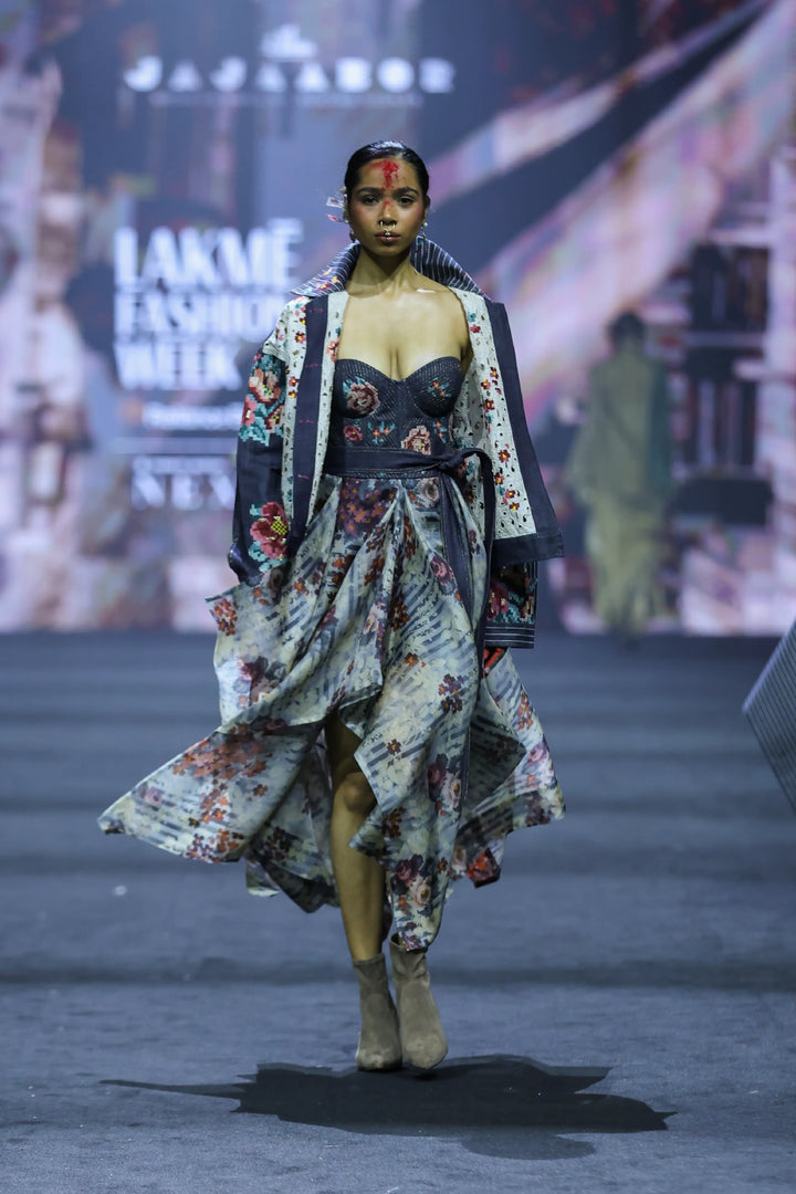 Emb Dual Color Denim Jacket With Corset Dress