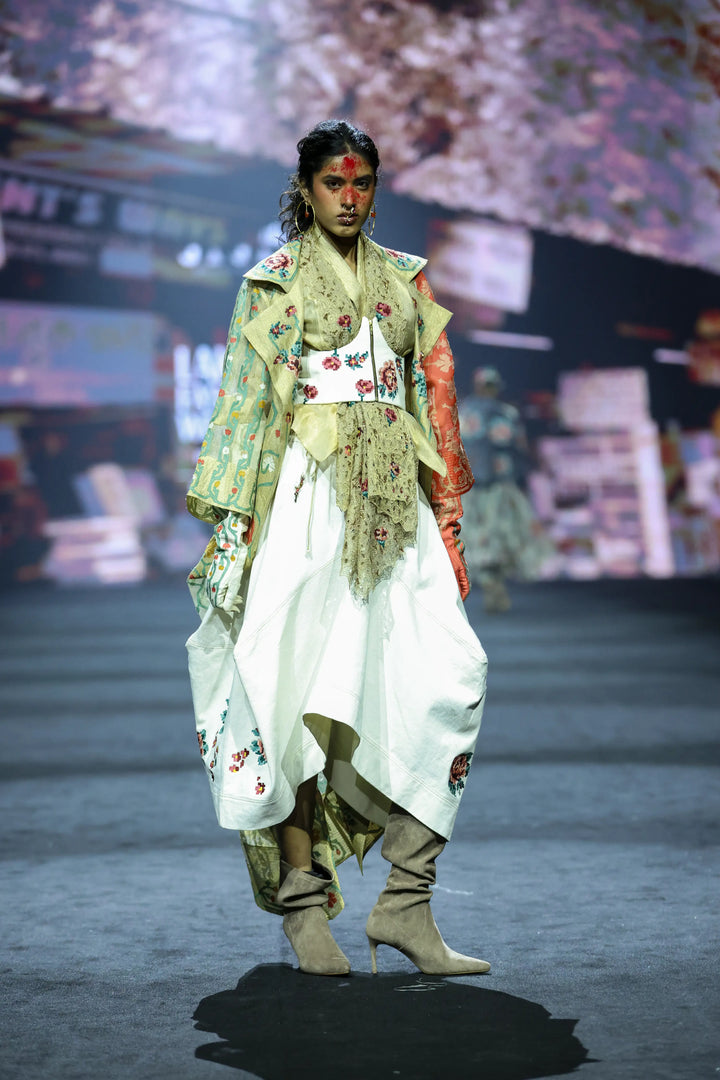Emb Long Gold Jacket With Draped Gold Top + Emb Corset Belt And Denim Barrel Skirt