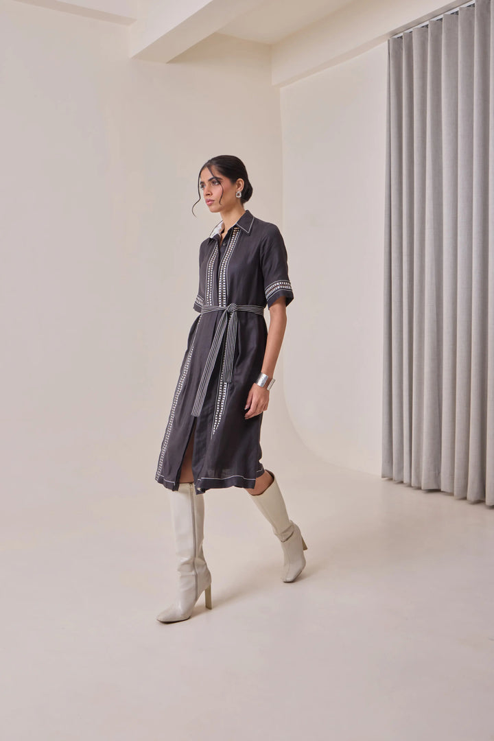 Black Thread-Work Midi Dress