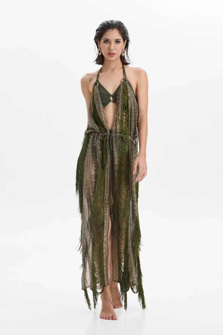OLIVE HALTER SEQUIN CAPE