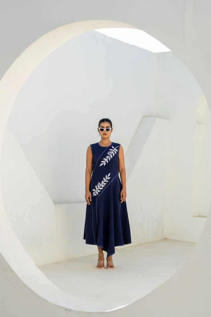 Pixelated leaf denim assymetrical dress