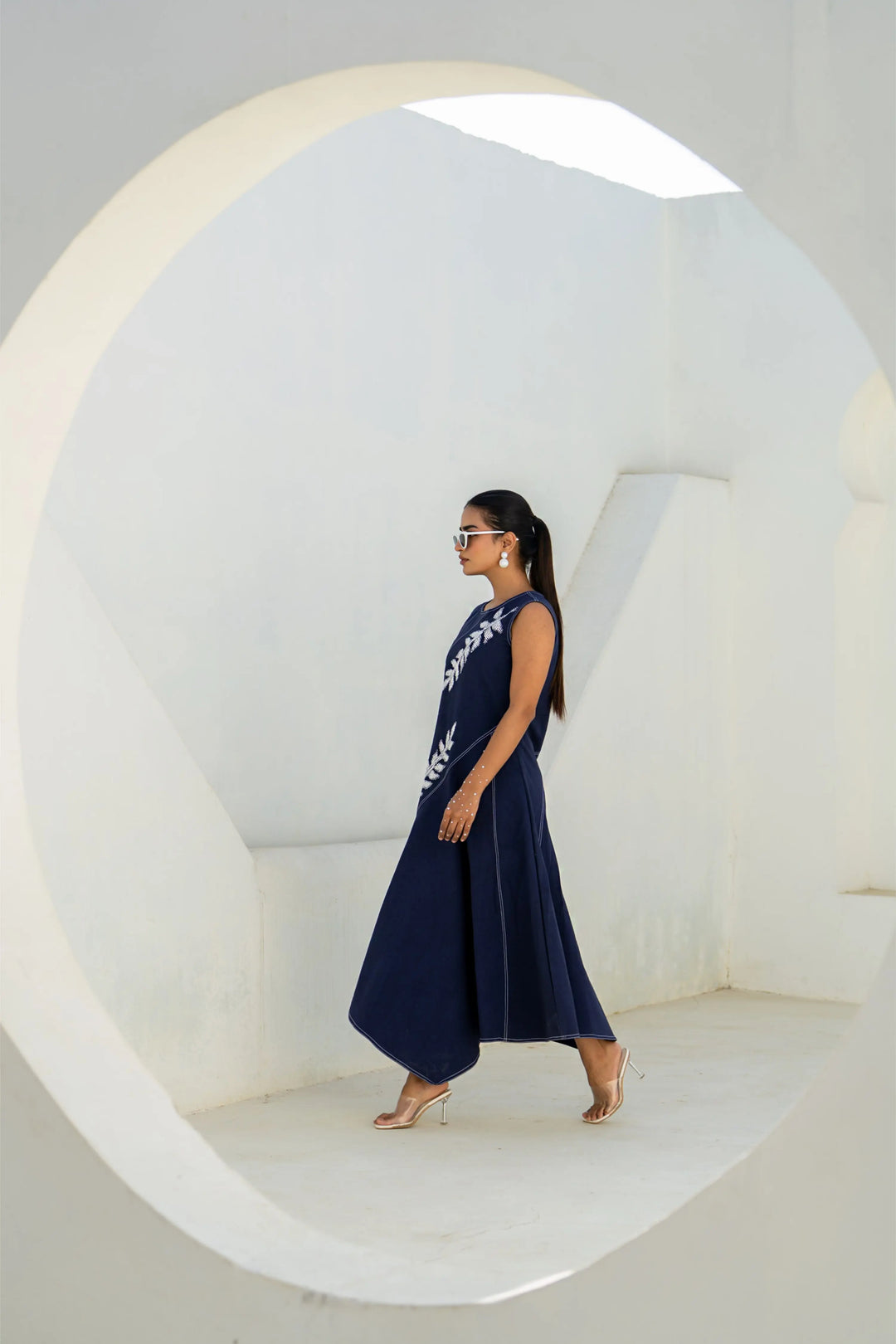 Pixelated leaf denim assymetrical dress