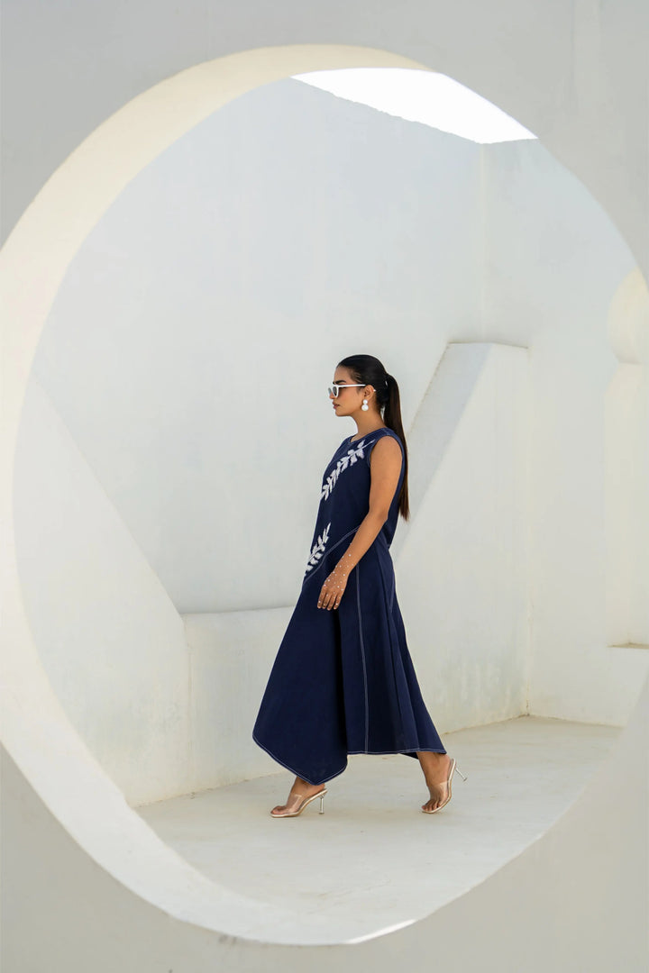 Pixelated leaf denim assymetrical dress