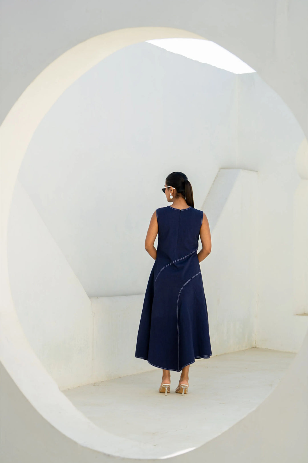 Pixelated leaf denim assymetrical dress
