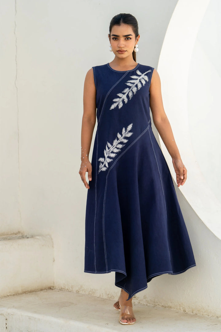 Pixelated leaf denim assymetrical dress