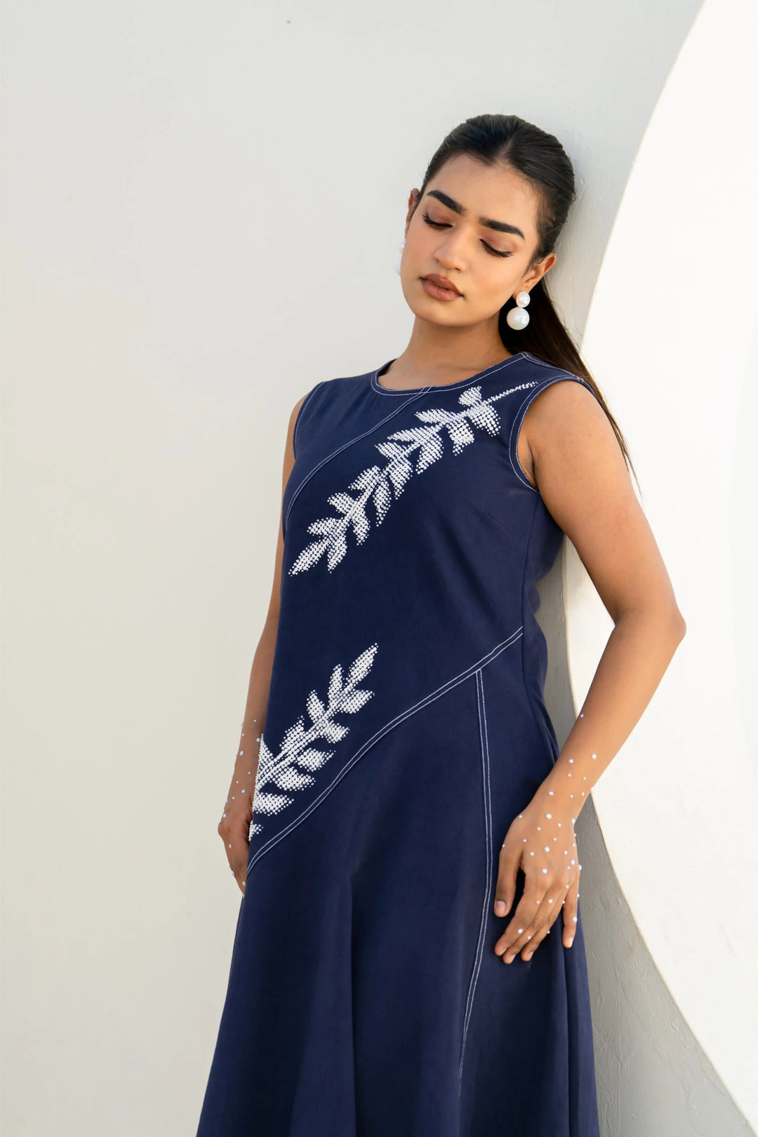 Pixelated leaf denim assymetrical dress