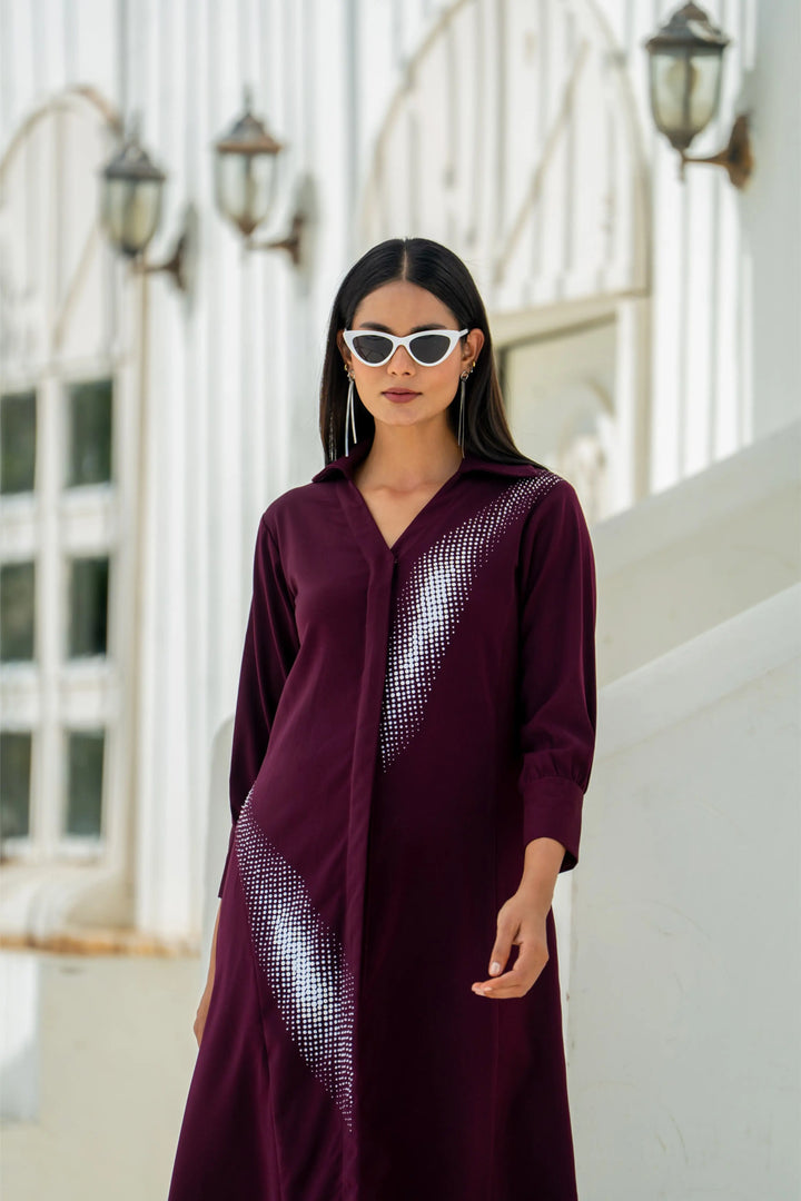 Deep Wine Gradient Shadow Hand emb dress