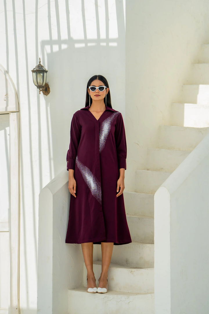 Deep Wine Gradient Shadow Hand emb dress