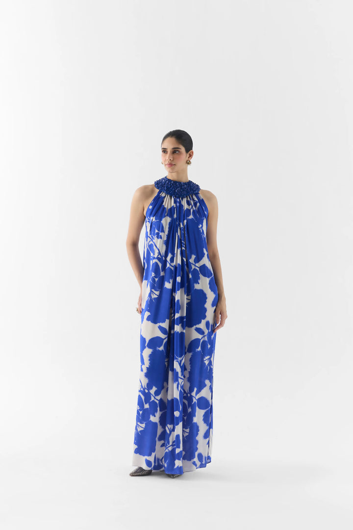 Blue Ink Halter Dress With Collar
