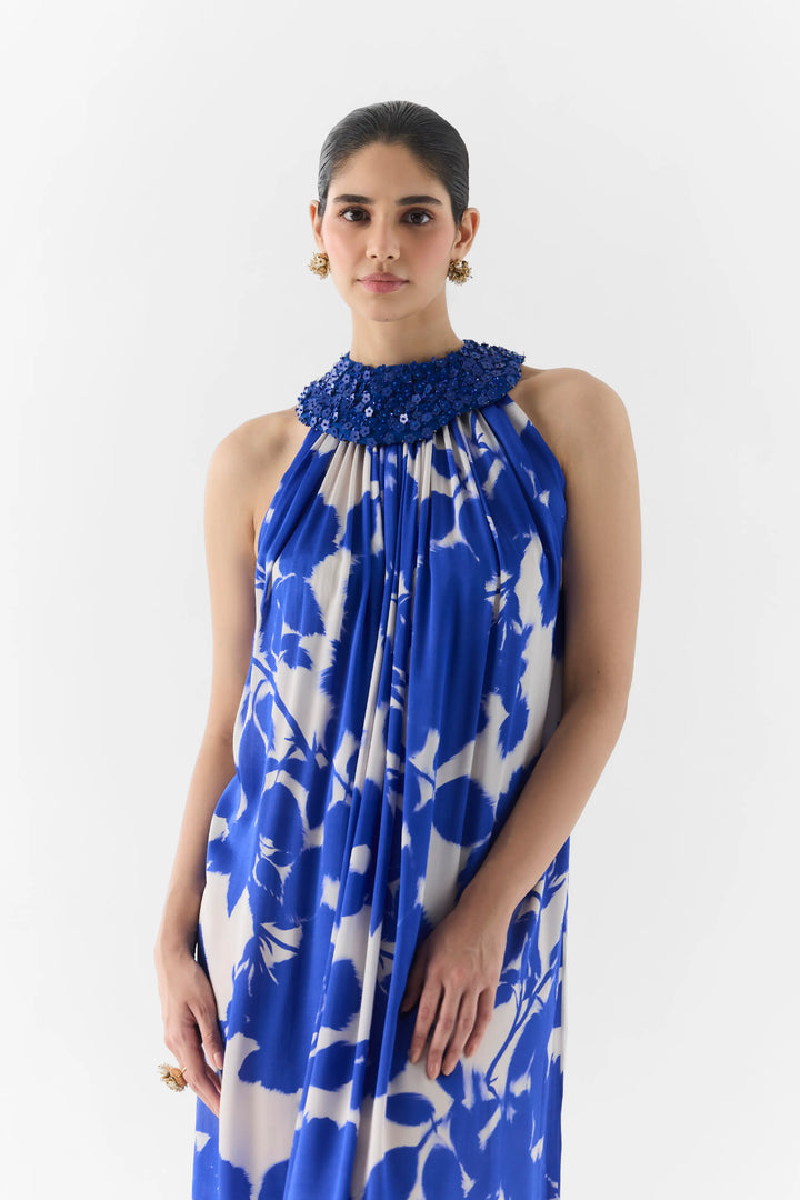 Blue Ink Halter Dress With Collar