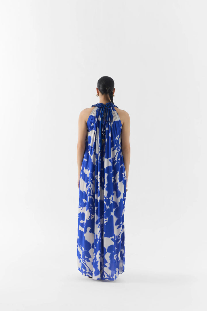 Blue Ink Halter Dress With Collar