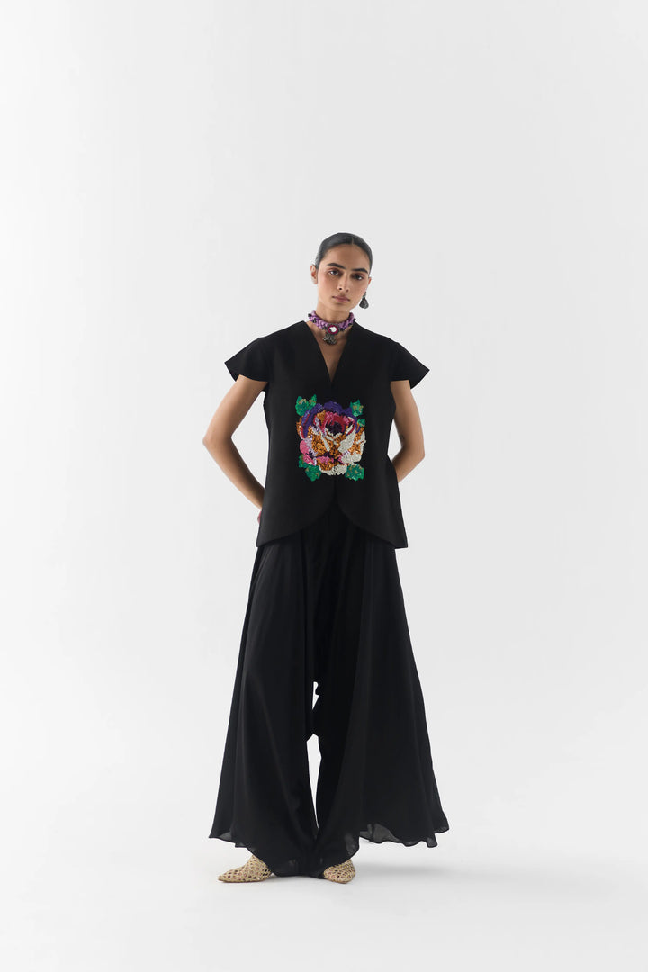 Black Garden Rose Vest And Dhoti Pants