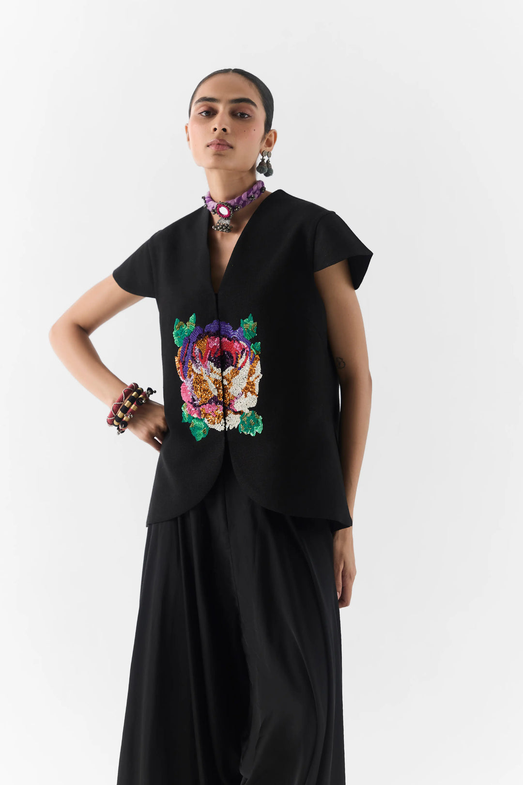 Black Garden Rose Vest And Dhoti Pants