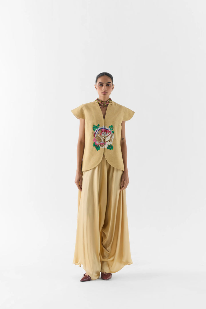 Gold Garden Rose Vest And Dhoti Pants