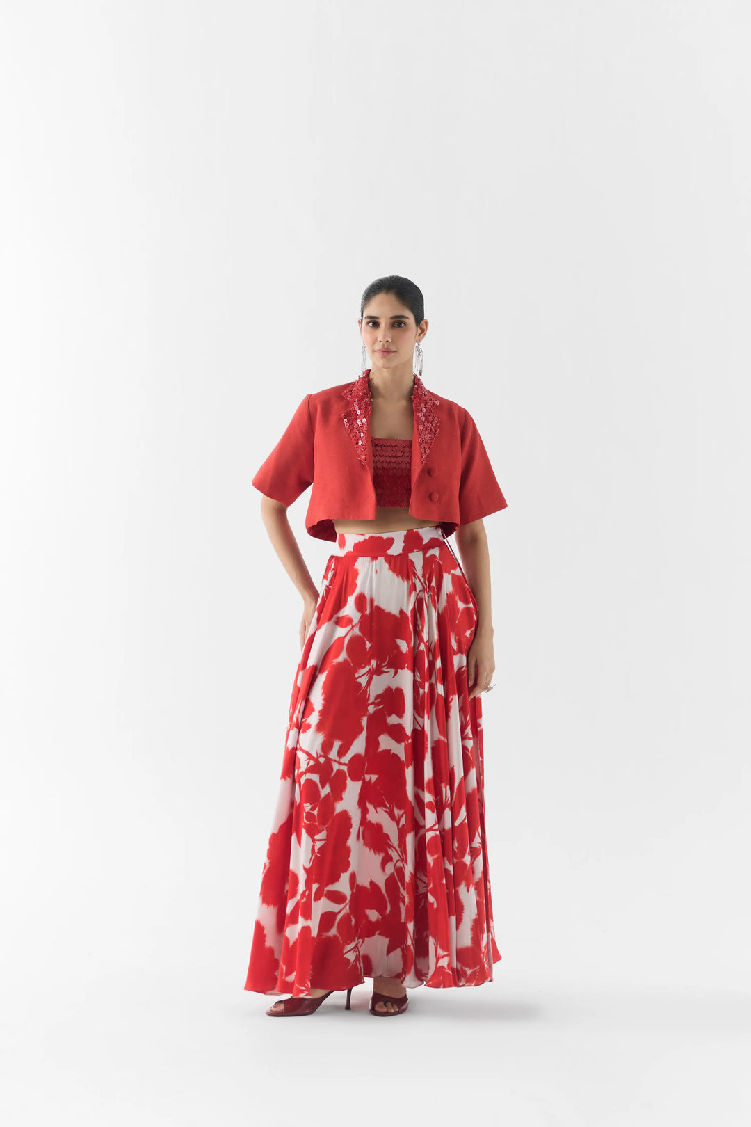 Red Ink Leather Blouse With Skirt