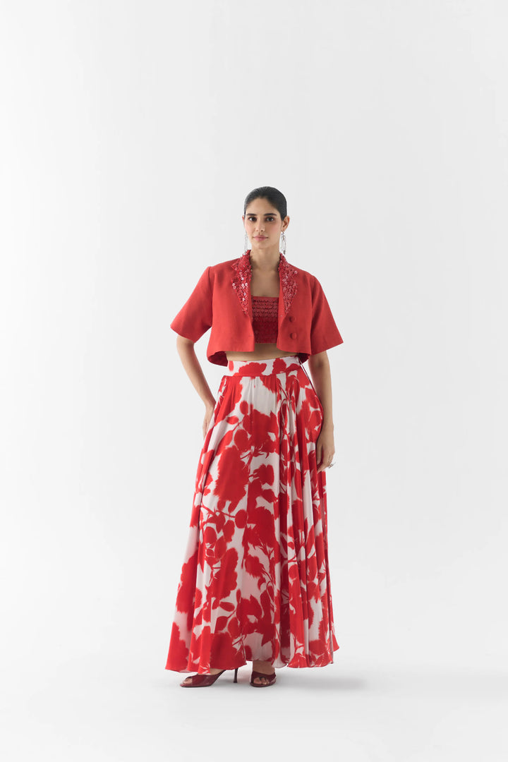 Red Ink Leather Blouse With Skirt