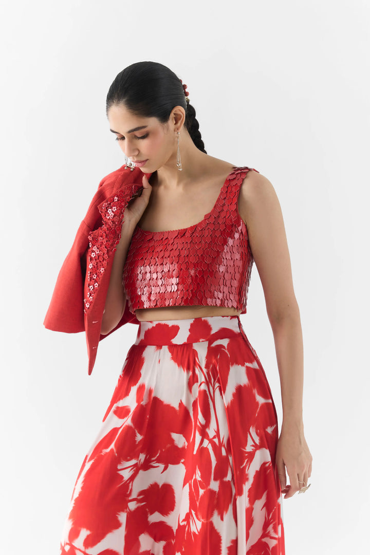 Red Ink Leather Blouse With Skirt