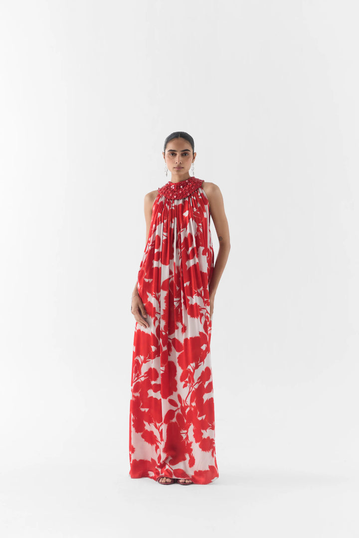 Red Ink Halter Dress With Collar