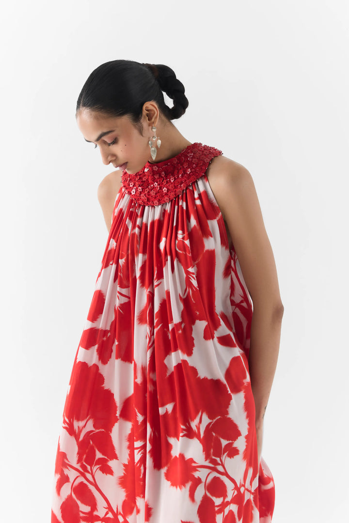 Red Ink Halter Dress With Collar