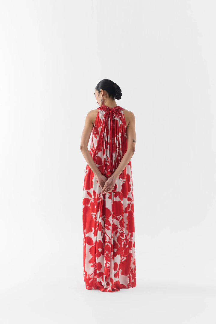 Red Ink Halter Dress With Collar