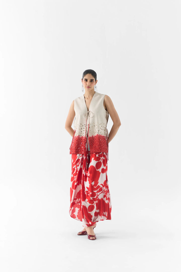 Red Ink Vest And Dhoti Pants