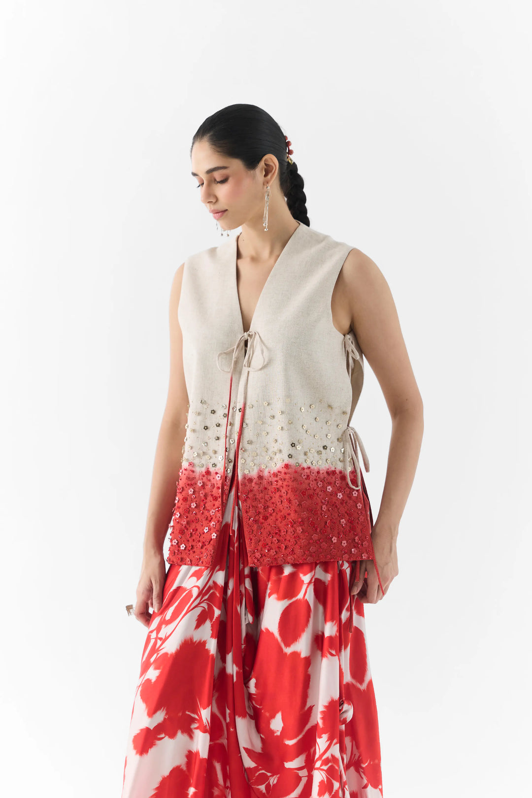 Red Ink Vest And Dhoti Pants