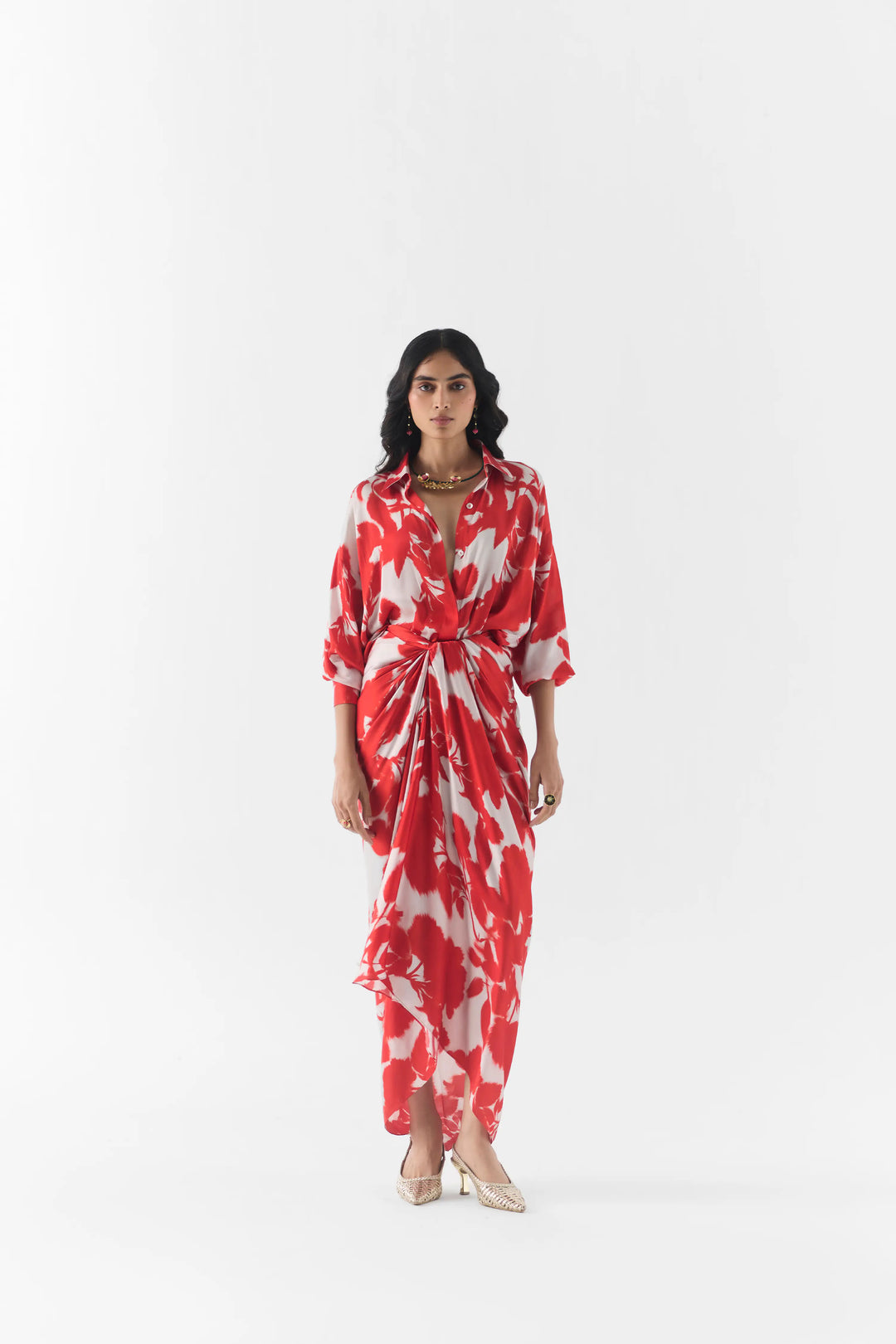 Red Ink Draped Shirt Dress