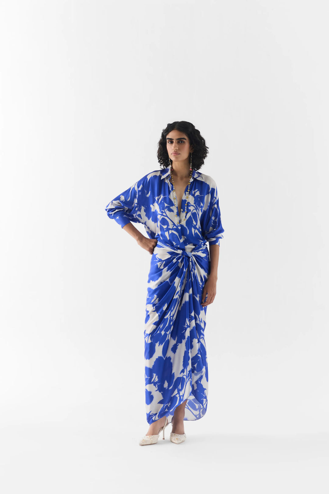 Blue Ink Draped Shirt Dress
