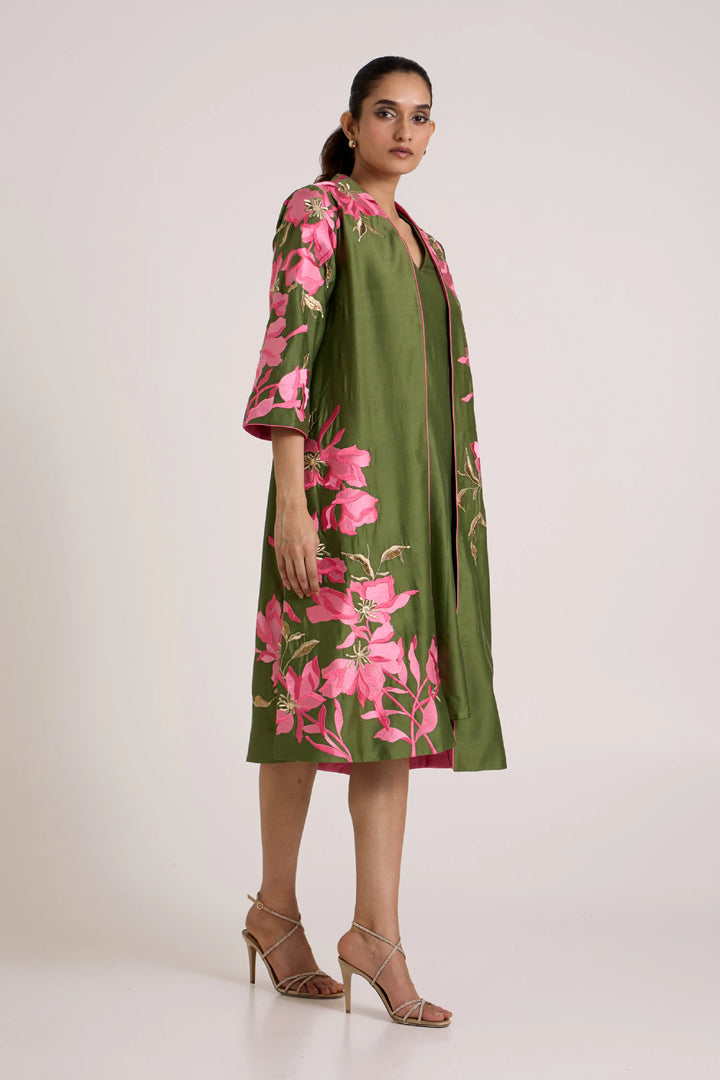 Olive Green Rafiya - Midi Jacket + Slip Dress