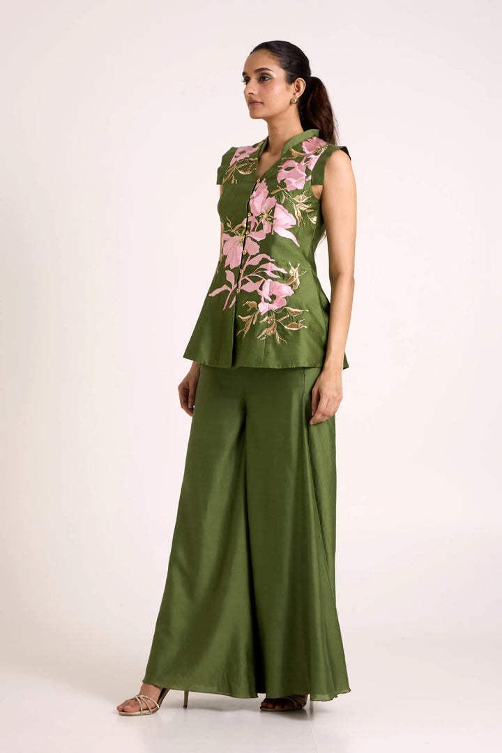 Olive Green Stacy - Peplum Vest + Flare Pants