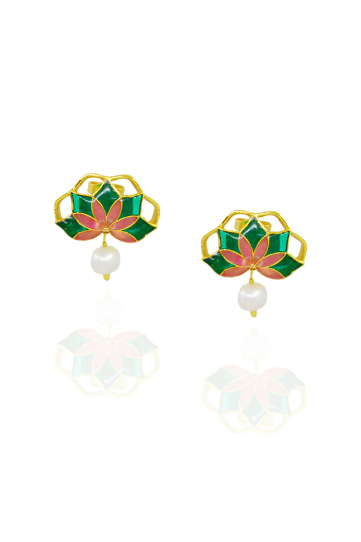 Gul Stud Earrings with Pearl - Emerald Green and Pink Meenakari Enamel