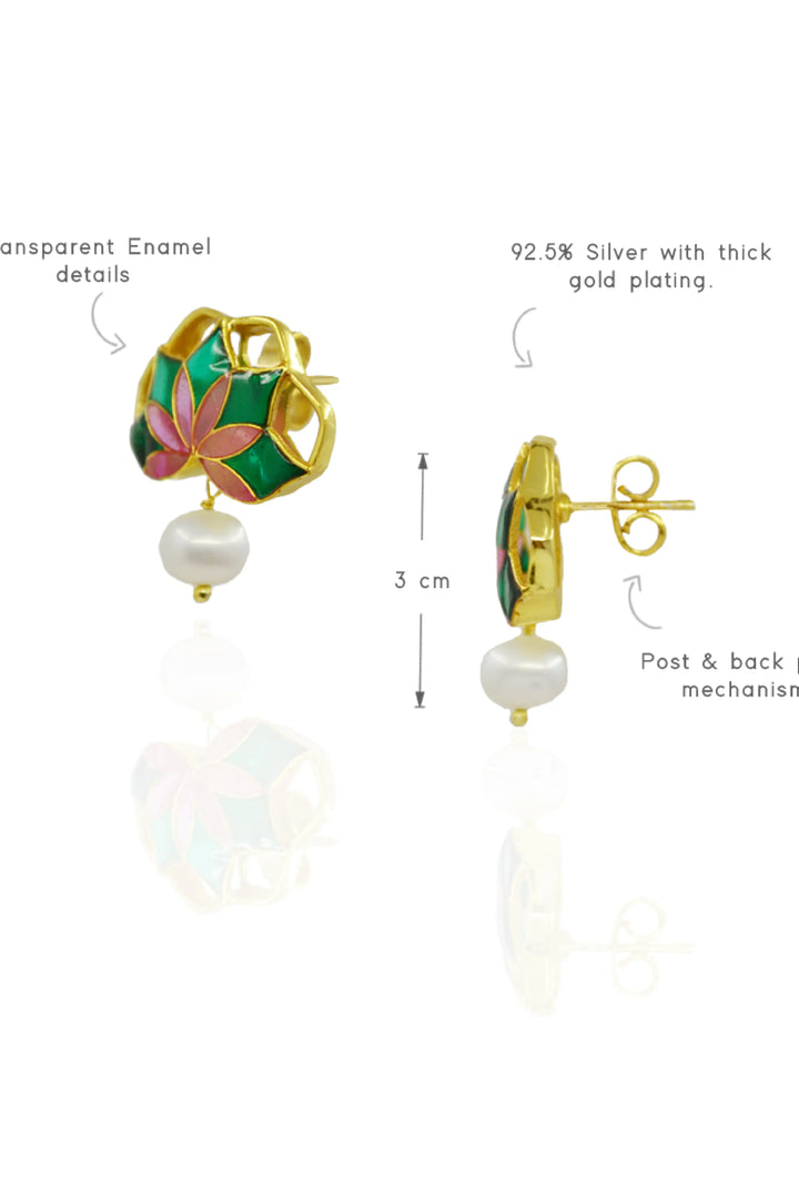 Gul Stud Earrings with Pearl - Emerald Green and Pink Meenakari Enamel